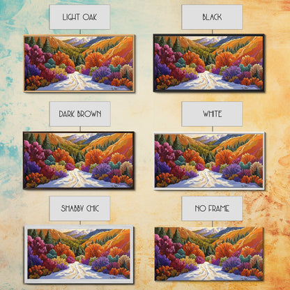 Autumn Forest, Snow, Trail, Canvas Print, Fall landscape painting, cabin wall decor, cozy mountain art, vibrant rustic hallway print