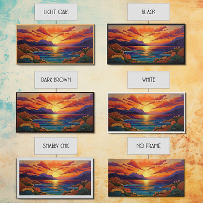 Sunset Coastal, Landscape, Vibrant Colors, Framed Canvas Print, Boho Beach Art, Living Room Wall Decor, Nature Painting, Summer Vibes