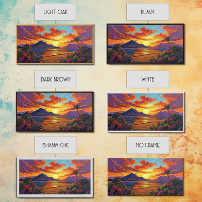 Mountains Tropical, Sunset, Palm Trees, Framed Canvas Print, Bold Landscape Art, Living Room Wall Decor, Sunset View, Boho Decor