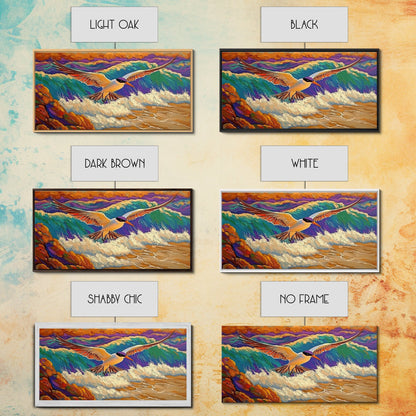 Seagull, Beach, Ocean Waves, Vibrant Sky, Framed Canvas Print, Coastal Wildlife Art, Living Room Wall Decor, Bird Painting, Boho Nature