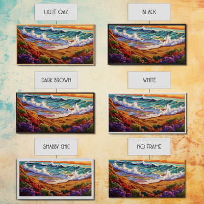 Wave Shoreline, Sunset Painting, Framed Canvas Print, vibrant crashing ocean waves, colorful rocks, Coastal Wall Art, tropical art