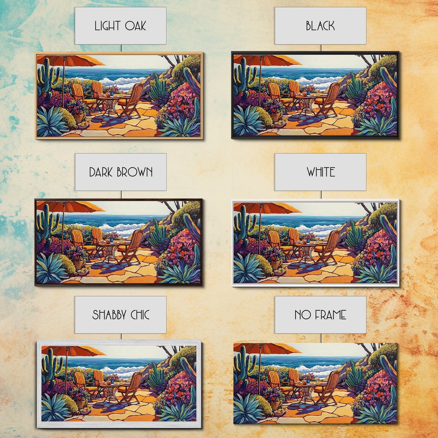 Patio, Ocean, Dining, Framed Canvas Print, Colorful seaside patio with umbrella and table scene, Summer vibes, Dining Room Wall Art