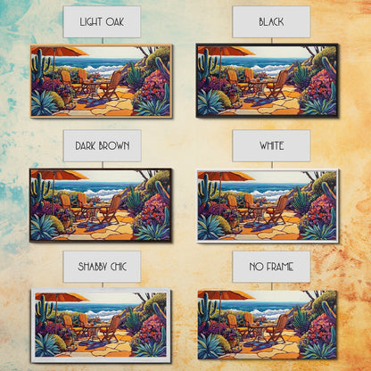 Patio, Ocean, Dining, Framed Canvas Print, Colorful seaside patio with umbrella and table scene, Summer vibes, Dining Room Wall Art