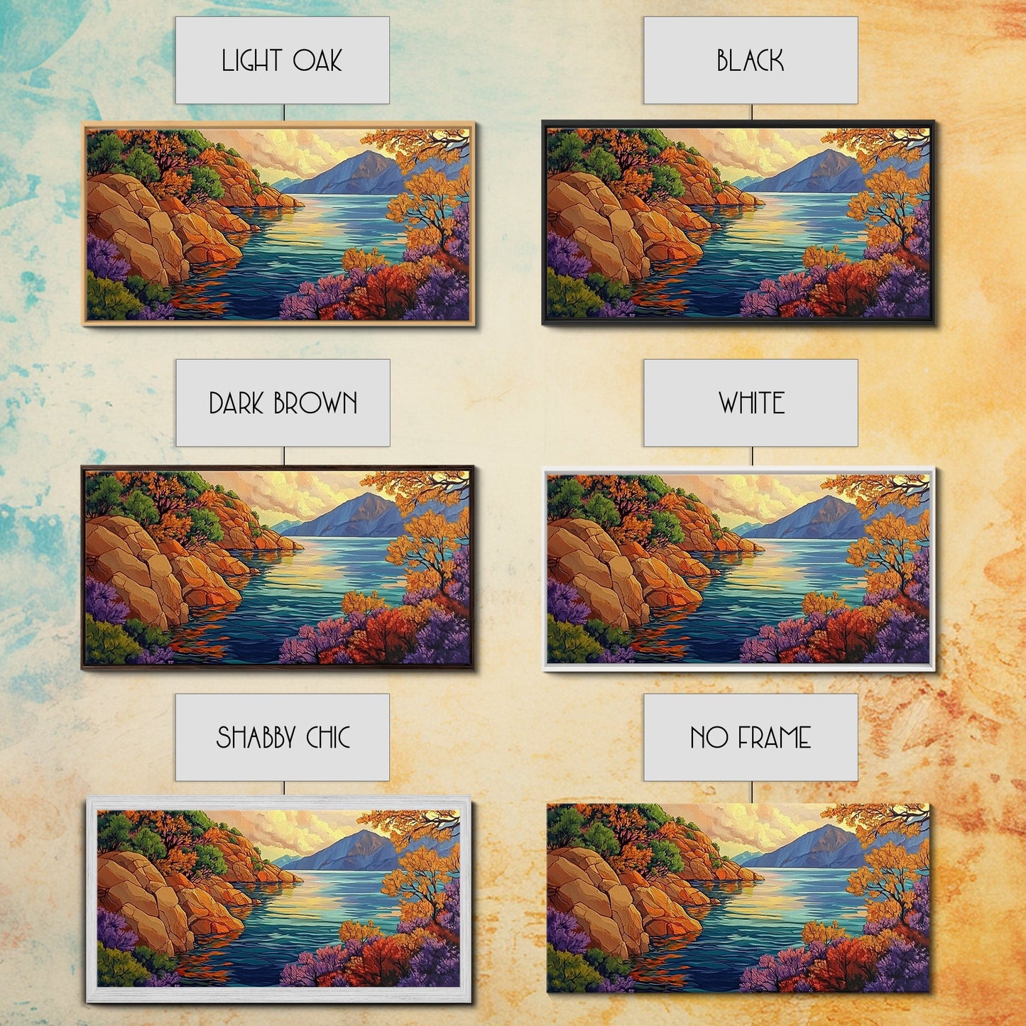 Mountain Lake, Trees, Reflection, Canvas Print with vivid autumn landscape painting, living room wall art, boho nature decor