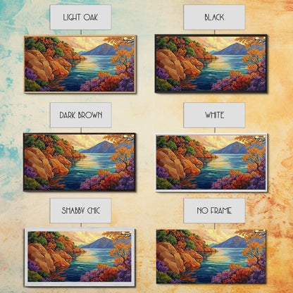 Mountain Lake, Trees, Reflection, Canvas Print with vivid autumn landscape painting, living room wall art, boho nature decor