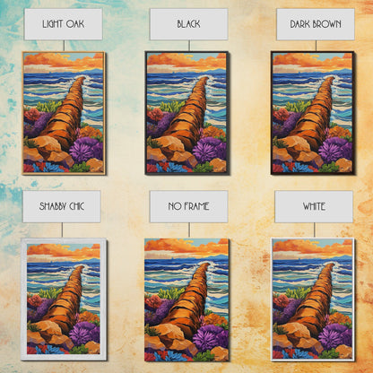 Ocean Path, Wildflowers, Shoreline, Framed Canvas Print coastal path wall art, ocean wildflower painting, beach garden style, hallway decor