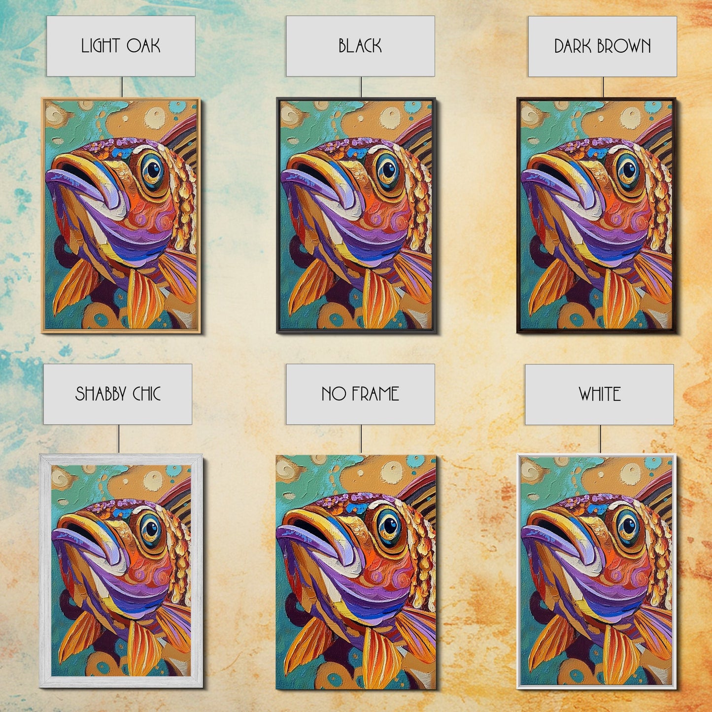 Fish Colorful, Tropical, Bold, Framed Canvas Print, vibrant ocean art, coastal bathroom decor, abstract tropical fish painting, boho beach