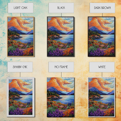 Lake Mountains, Sunset, Autumn, Framed Canvas Print serene mountain lake sunset wall art, vibrant Autumn landscape canvas, cozy cabin decor