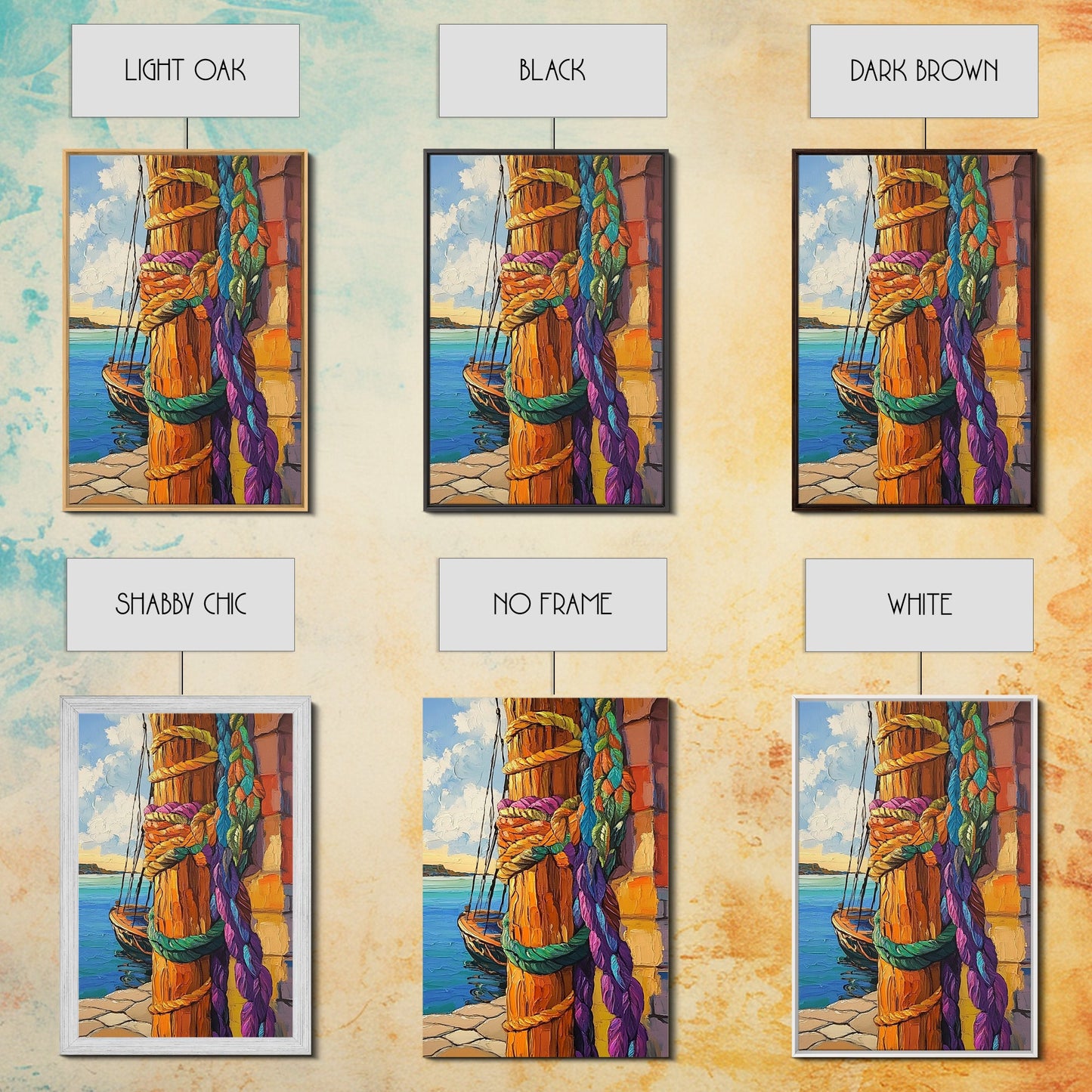 Boat Dock, Ropes, Framed Canvas Print, Nautical Coastal Wall Art, Vibrant Marina Scene, Boho Seaside Decor, Bathroom art, Office Wall Art