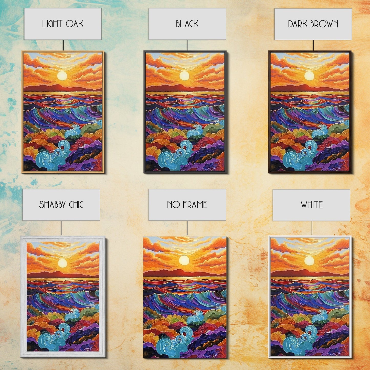 Sunset Ocean, Waves, Framed Canvas Print, Vibrant Abstract Seascape Wall Art, Colorful Ocean Decor, Living Room Statement Art