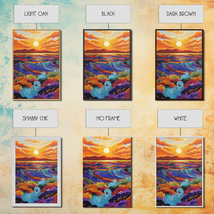 Sunset Ocean, Waves, Framed Canvas Print, Vibrant Abstract Seascape Wall Art, Colorful Ocean Decor, Living Room Statement Art