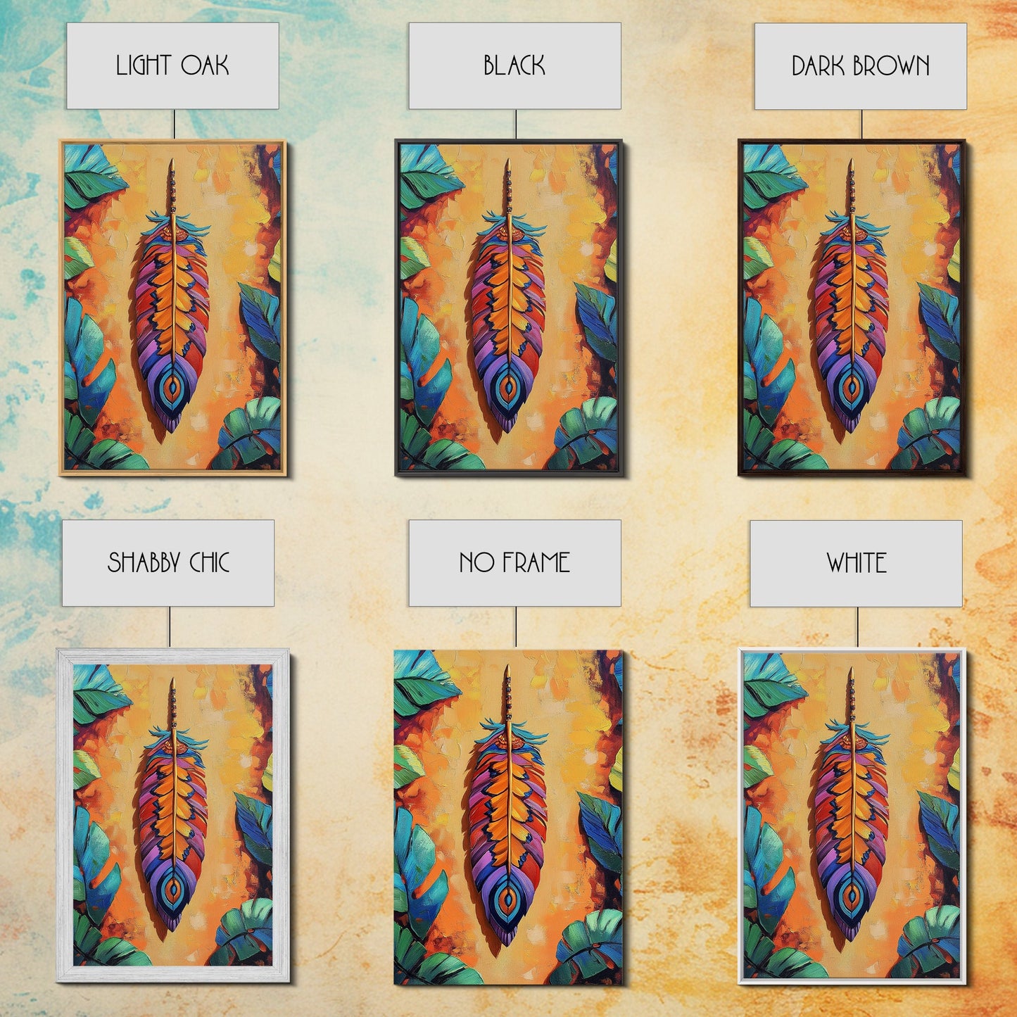 Bold Feather, Boho, Tropical, Colorful Framed Canvas Print, Eclectic Bedroom Wall Art, Boho Style Decor, Vibrant Southwest Wall Hanging