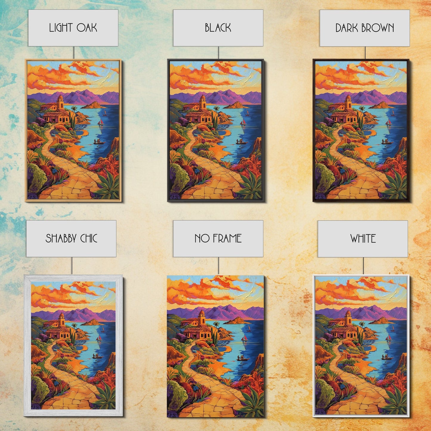 Coastal Village, Pathway, Sunset, Framed Canvas Print, Mediterranean coastal art, colorful landscape painting, boho living room wall decor