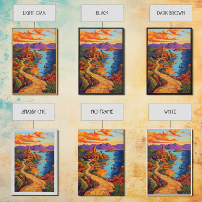 Coastal Village, Pathway, Sunset, Framed Canvas Print, Mediterranean coastal art, colorful landscape painting, boho living room wall decor