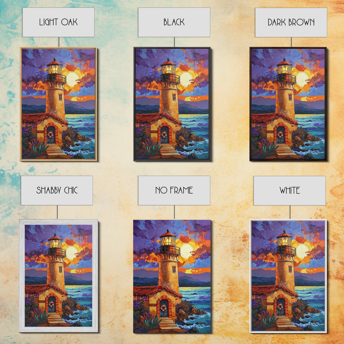 Moonlit Lighthouse, Rustic, Shore, Framed Canvas Print, Coastal Lighthouse Canvas, Dramatic Moon Ocean Scene, Rustic Nautical Wall Art