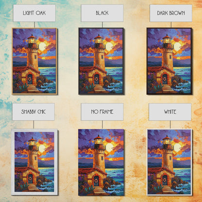 Moonlit Lighthouse, Rustic, Shore, Framed Canvas Print, Coastal Lighthouse Canvas, Dramatic Moon Ocean Scene, Rustic Nautical Wall Art