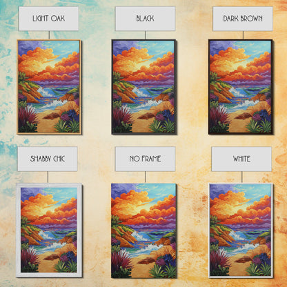 Seaside Sunset, Cliff, Dramatic Clouds Framed Canvas Print, Vibrant Ocean Wall Decor, Bathroom Beach Art, Coastal Expressionism
