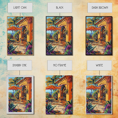 Bistro Patio, Sun, Canvas Print, Mediterranean cafe painting, kitchen wall art, outdoor charm artwork, sunny terrace decor, cozy nook print