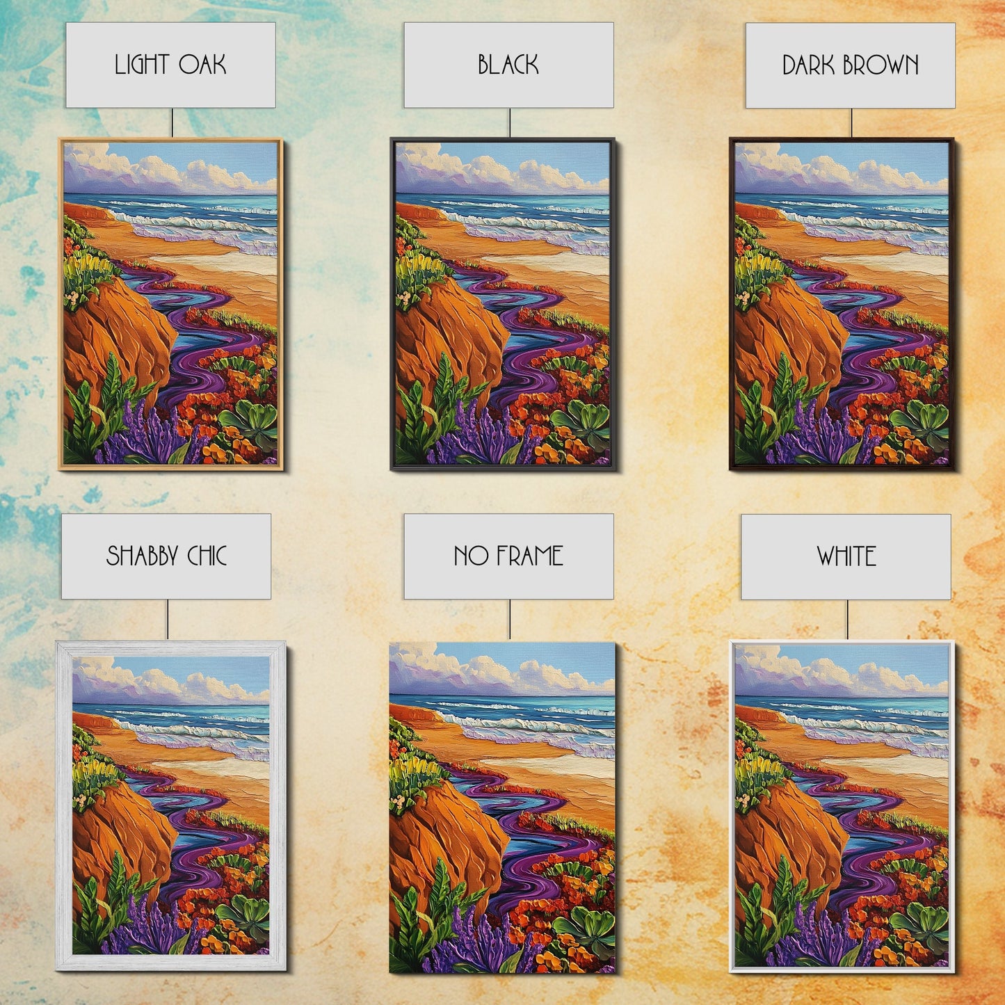 Ocean Cliffside, Floral, Seascape, Framed Canvas Print, Coastal Nature Wall Art, Bold Botanical Beach Decor, Bathroom Accent Piece