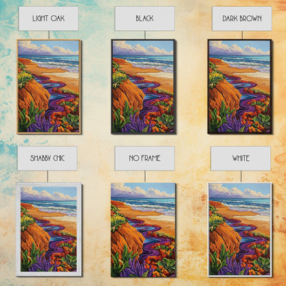 Ocean Cliffside, Floral, Seascape, Framed Canvas Print, Coastal Nature Wall Art, Bold Botanical Beach Decor, Bathroom Accent Piece