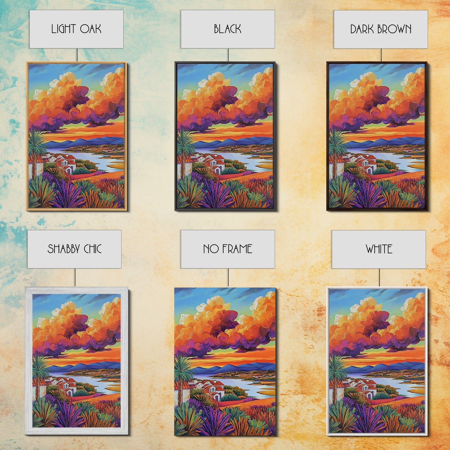 Village Sunset, Clouds, Landscape, Framed Canvas Print, Colorful Scenic Wall Art, Rustic Living Room Decor, Mediterranean Countryside