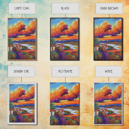 Village Sunset, Clouds, Landscape, Framed Canvas Print, Colorful Scenic Wall Art, Rustic Living Room Decor, Mediterranean Countryside