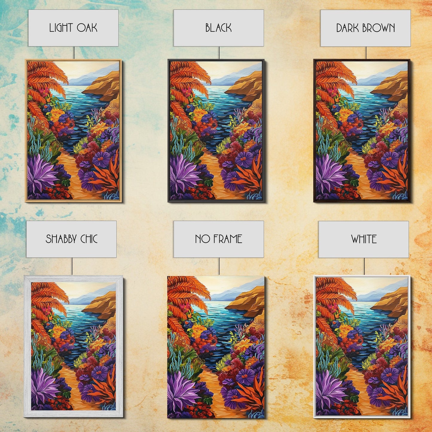 Hidden Cove, Ocean Trail, Botanical Beauty, Colorful Path, Framed Canvas Print, tropical jungle painting, hallway wall art, boho art