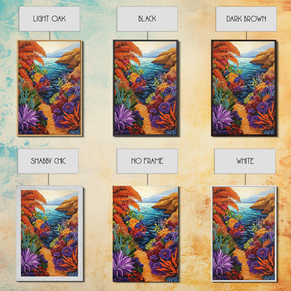 Hidden Cove, Ocean Trail, Botanical Beauty, Colorful Path, Framed Canvas Print, tropical jungle painting, hallway wall art, boho art