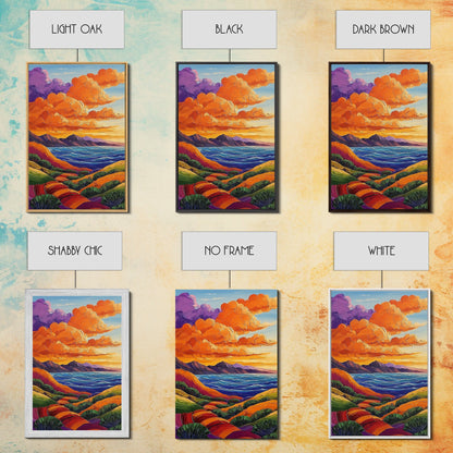 Coastal Hills, Sunset Path, Ocean View, Fiery Sky — Framed Canvas Print Autumn landscape painting, colorful kitchen wall art, boho decor