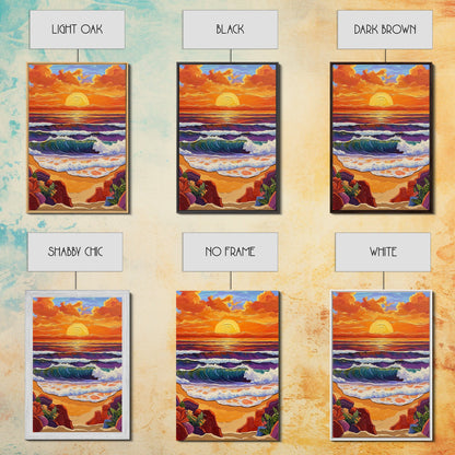 Sunset Beach, Crashing Waves, Golden Sky, Ocean Horizon — Canvas Print tropical landscape art, bathroom wall decor, modern beach vibe