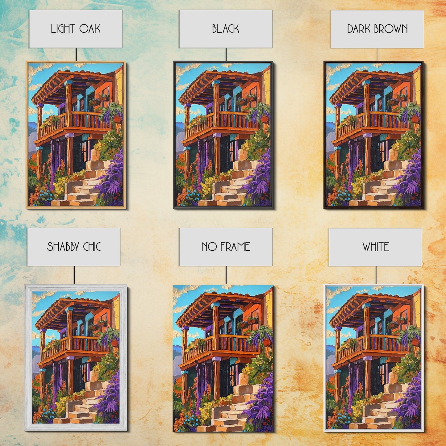 Rustic Balcony View, Desert Garden Colors, Southwest Home Art, Framed Canvas Print, Living Room Wall Art, Boho Summer Decor