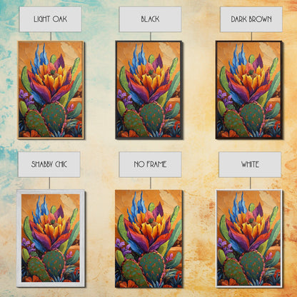 Cactus Blooming, Desert, Vivid, Framed Canvas Print bold southwest art, colorful desert cactus, southwestern home decor, kitchen wall art