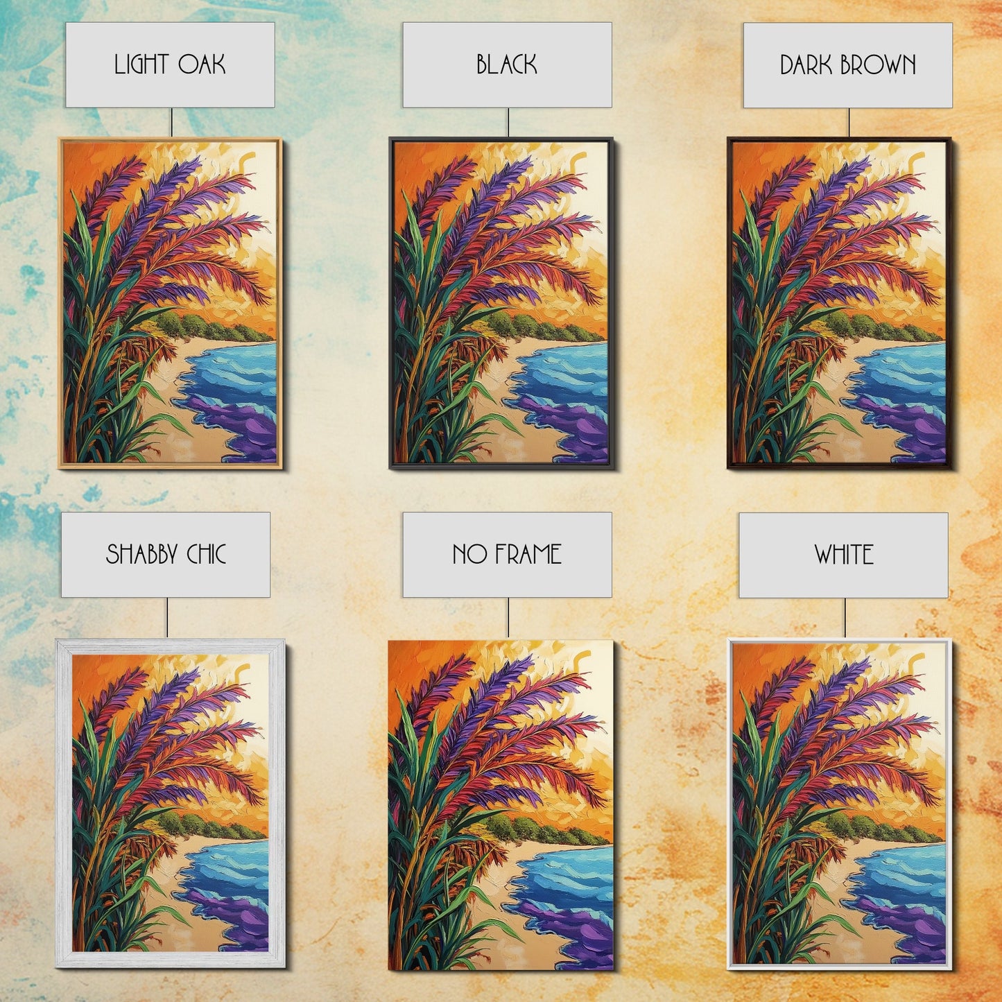 Vibrant Beach Grass, Sunset Ocean View, Coastal Wall Decor, Tropical Vibes, Framed Canvas Print, Summer Living Room Wall Art