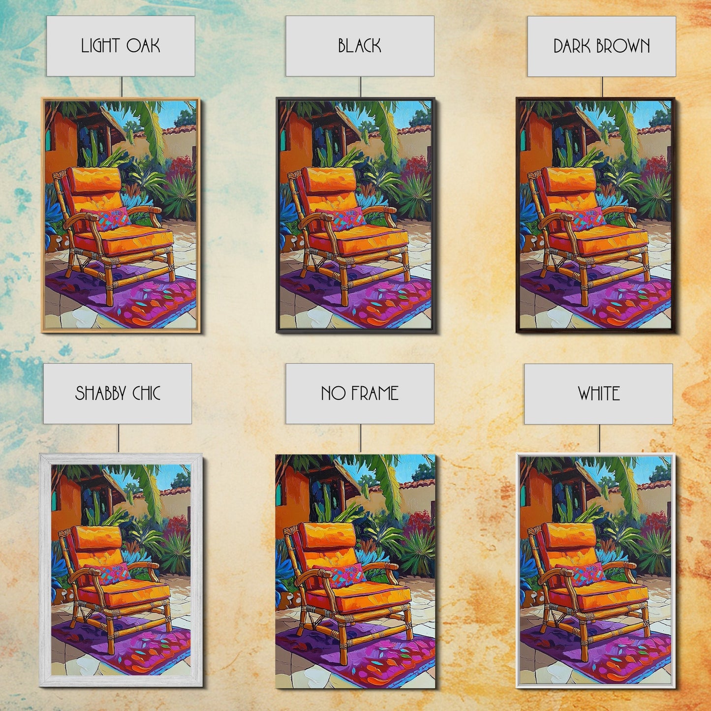 Chair Patio Palm, Tropical, Framed Canvas Print tropical garden wall art, colorful patio vibes, summer decor, boho sunroom wall art