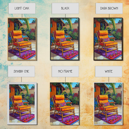 Chair Patio Palm, Tropical, Framed Canvas Print tropical garden wall art, colorful patio vibes, summer decor, boho sunroom wall art