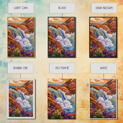 Coastal Waterfall, Ocean Rocks, Tropical Seascape, Sunset Art, Framed Canvas Print bathroom decor, beach lovers gift, colorful nature art