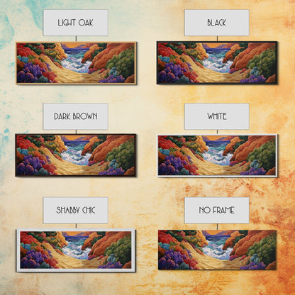 Ocean Path, Colorful Cliffs, Bright Beach, Nature Trail, Framed Canvas Print, Coastal Wall Art, Hallway Decor, Vibrant Seaside Painting