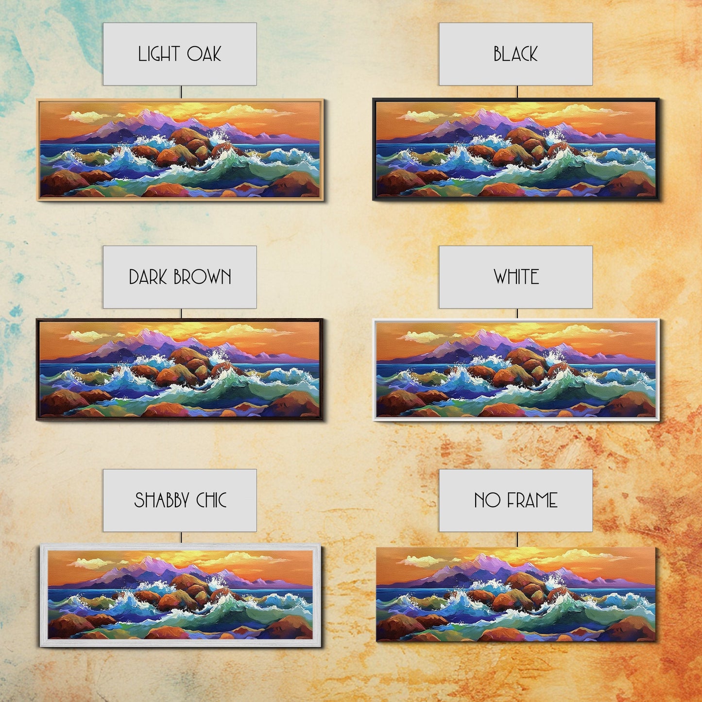 Coastal Rocks Waves, Sunset Ocean Painting, Colorful Seaside View, Framed Canvas Print, Nautical Wall Art, Living Room Decor