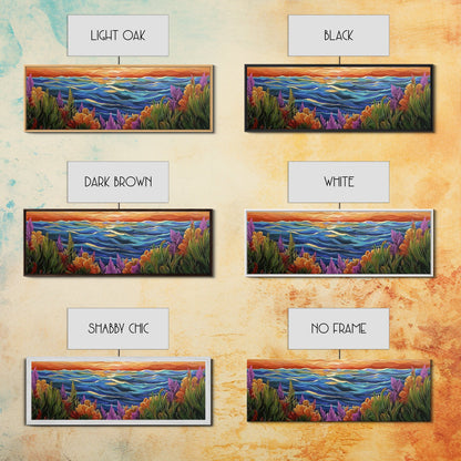 Ocean Horizon, Sunset Sea, Flower Garden, Nature Escape, Canvas Print, Beach House Decor, Tropical Seascape Wall Art