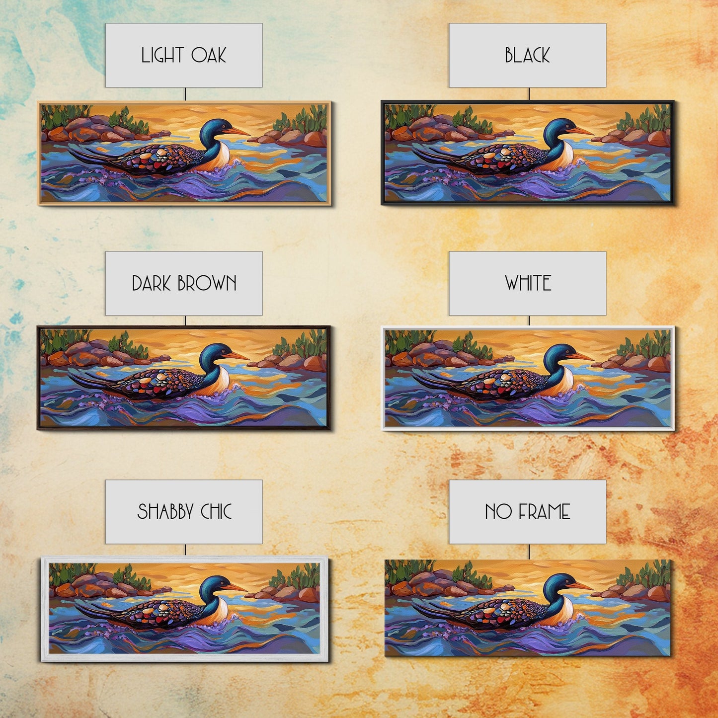 Loon Painting, Tranquil Waters, Sunset Paddle, Colorful Feathers, Framed Canvas Print, lake house art, wildlife nature decor