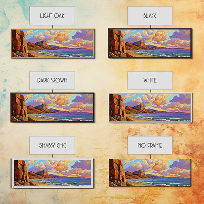 Sunset Beach View, Coastal Mountain Landscape, Peaceful Ocean Wall Art, Framed Canvas Print, Boho Bedroom or Living Room Decor