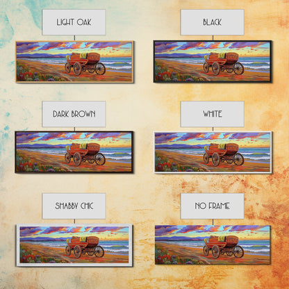 Wagon Beach, Country Ocean, Sunset Retreat, Rustic Cart, Framed Canvas Print, Farmhouse Coastal Art, Entryway Western Decor