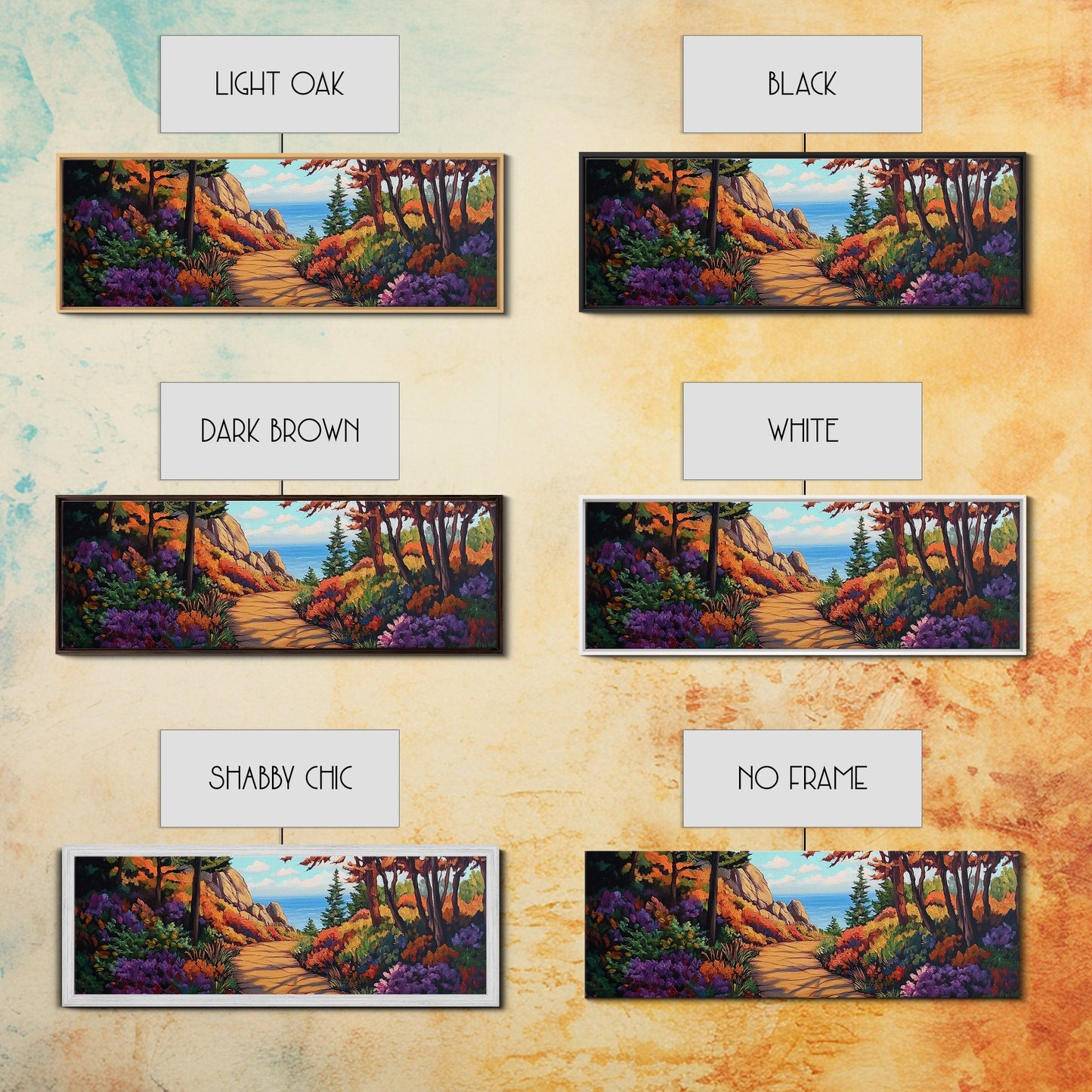 Coastal Forest Walk, Vibrant Landscape Painting, Ocean View Trail, Autumn Decor, Framed Canvas Print, Hallway Wall Art