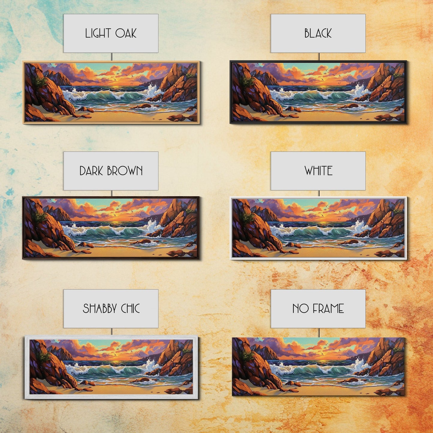 Sunset Beach Waves, Dramatic Ocean, Bold Skies, Framed Canvas Print, Entryway Wall Art, Nature Escape, Colorful Beach Scene