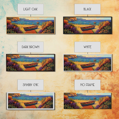 Beach Rowboat Painting, Tranquil Shoreline Scene, Coastal Landscape Art, Summer Lake House Style, Framed Canvas Print, Nature Wall Art