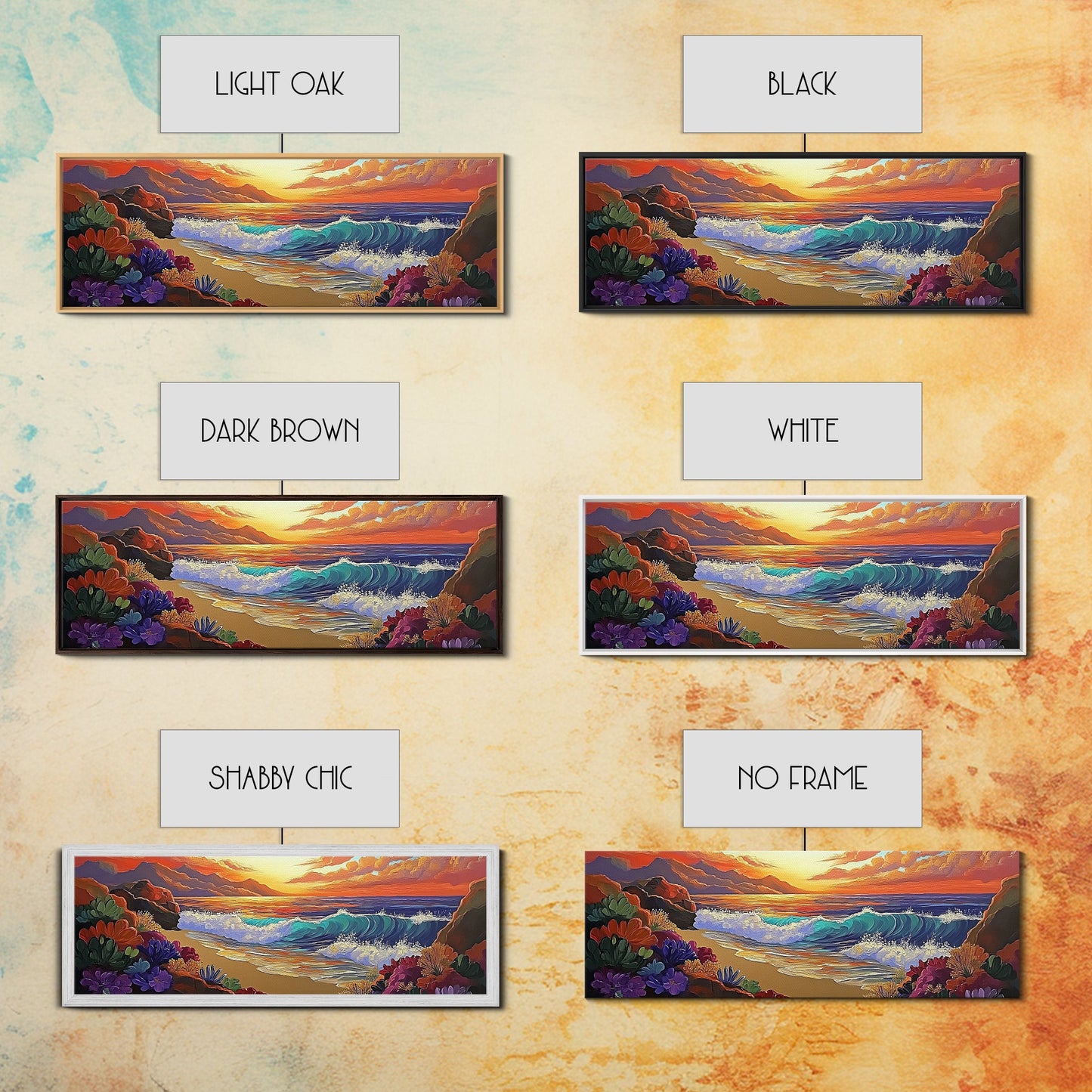 Coastal Sunset, Ocean Waves, Tropical Flowers, Vibrant Seascape, Framed Canvas Print beach wall decor, boho art, living room wall art