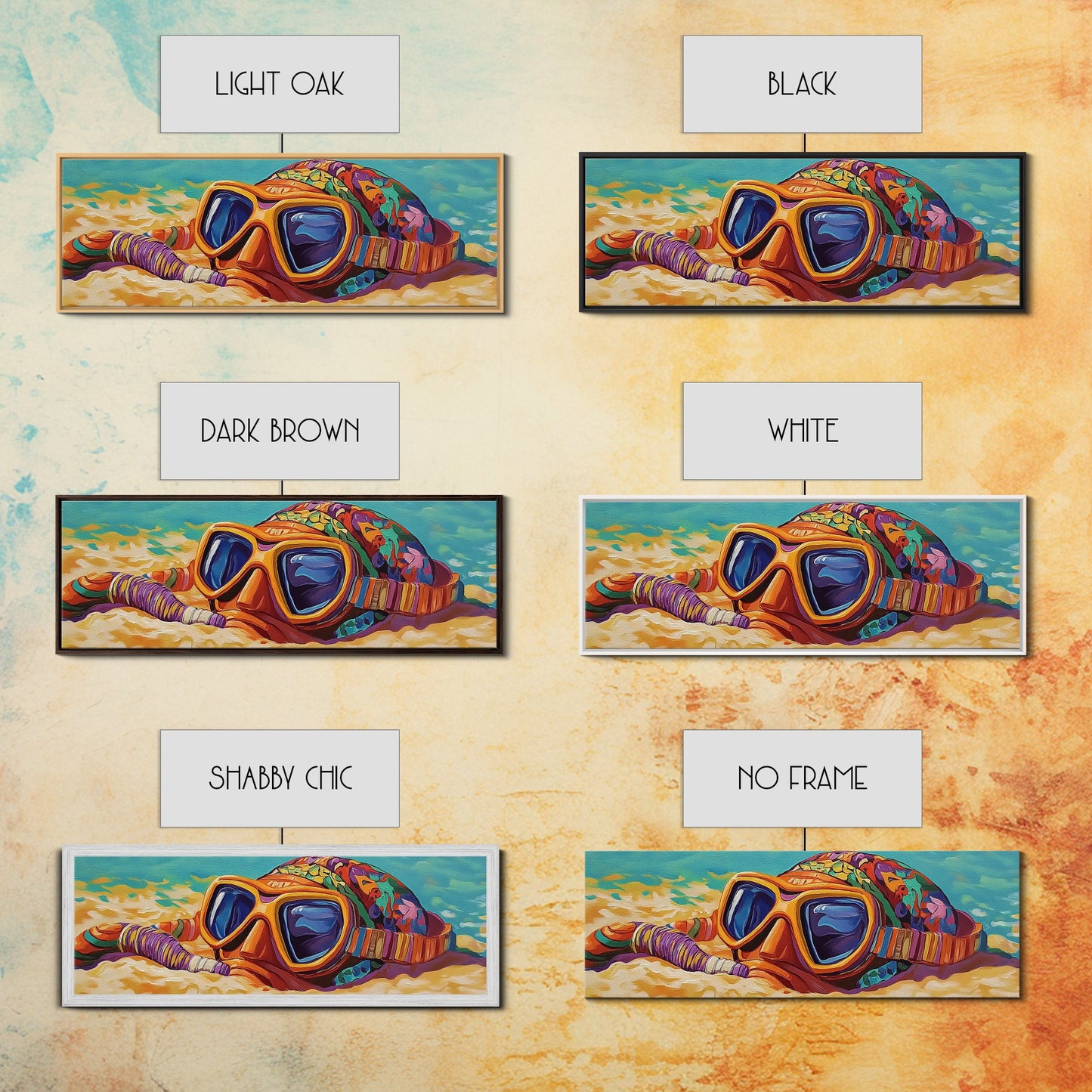 Snorkel Mask, Beach Fun, Vibrant Waves, Framed Canvas Print, Coastal Bathroom Wall Art, Bright Tropical Decor, Playful Ocean Art