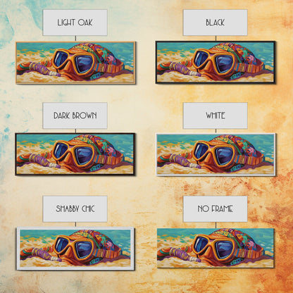 Snorkel Mask, Beach Fun, Vibrant Waves, Framed Canvas Print, Coastal Bathroom Wall Art, Bright Tropical Decor, Playful Ocean Art