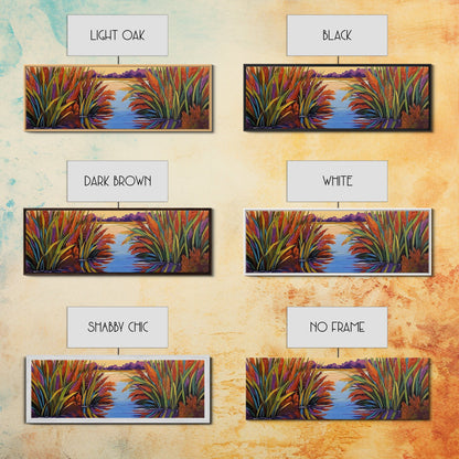 Sunset Reeds, Colorful Marsh, Reflected Peace, Framed Canvas Print, Autumn Wall Art, Living Room Decor, Vibrant Nature Landscape