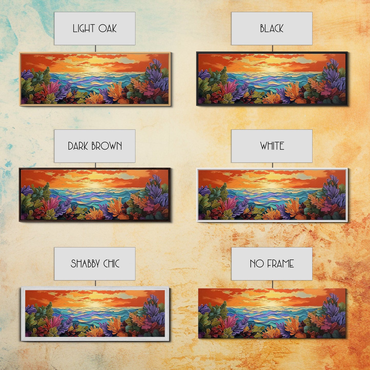 Sunset Ocean, Sea Plants, Tropical Sunset, Bold Colors, Framed Canvas Print, Bathroom Wall Art, Boho Vibes, Coastal Decor